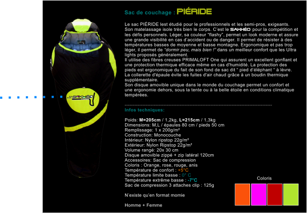 Le sac PI�RIDE lest �tudi� pour le professionnels et les semi-pros, exigeants. Son matelassage isole tr�s bien le corps. C�est le SAKH�O pour la comp�tition et les d�fis personnels. L�ger, sa couleur �flashy�, permet un look moderne et assure une grande visibilit� en cas d�accident ou de danger. Il permet de r�sister � des temp�ratures basses de moyenne et basse montagne. Ergonomique et pas trop l�ger, il permet de �dormir peu, mais bien !� dans un meilleur confort que les Ultra lights propos�s g�n�ralement.   Il utilise des fibres creuses PRIMALOFT One qui assurent un excellent gonflant et une protection thermique efficace m�me en cas d'humidit�. La protection des pieds est ergonomique du fait de son fond de sac dit � pied d��l�phant � � l�vre. La collerette d'�paule �vite les fuites d'air chaud gr�ce � un boudin thermique suppl�mentaire. Son disque amovible unique dans le monde du couchage permet un confort et une ergonomie dehors, sous la tente ou � la belle �toile en conditions climatique temp�r�es.  ------------------------------------------------------------------------------------------- Infos techniques:  Poids: M=205cm / 1,2kg, L=215cm / 1,3kg Dimensions: M,L / �paules 80 cm / pieds 50 cm Remplissage: 1 x 200g/m�  Construction: Monocouche Int�rieur: Nylon ripstop 22g/m� Ext�rieur: Nylon Ripstop 22g/m� Volume rang�: 20x 30 cm Disque amovible zipp� + zip lat�ral 120cm Accessoires: Sac de compression Coloris : Orange, rose, rouge, anis Temp�rature de confort : +5�C Temp�rature limite basse : 0� C Temp�rature extr�me basse : -7�C Sac de compression 3 attaches clip : 125g  N�existe qu�en format momie   Homme + Femme    Sac de couchage : PI�RIDE . . . . . . . .   Coloris